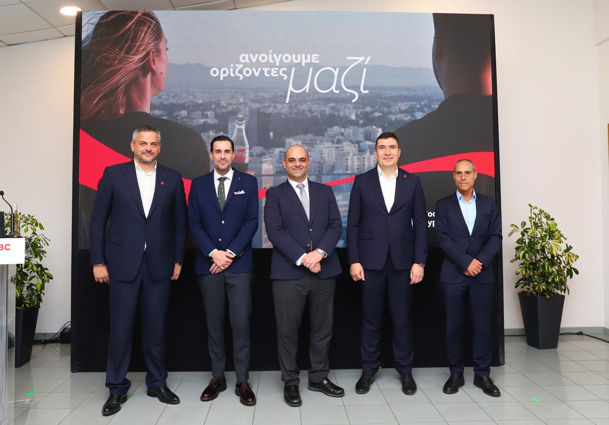 George Priftakis, Sales Director CY, Filokypros Roussounidis, General Secretary of the CCCI, Yiannis Panagiotou, Minister of Labour and Social Insurance, Svetoslav Atanasov, General Manager of Coca-Cola HBC Greece & Cyprus, Dimitris Vakis, First Vice-President of OEB
